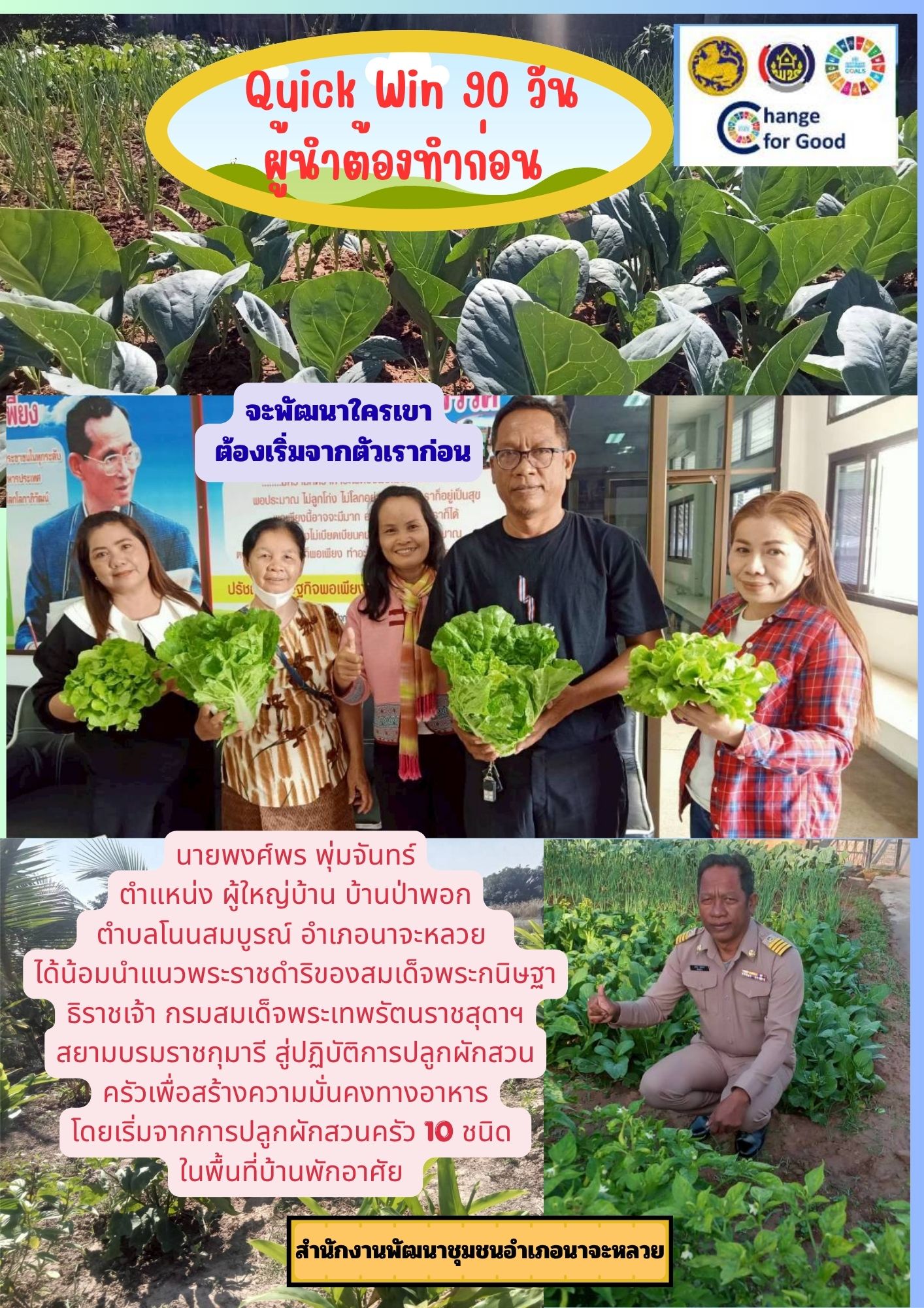 พช.นาจะหลวย ร่วมกิจกรรม “Quick Win” 90 วัน ปลูกผักสวนครัวเพื่อสร้างความมั่นคงทางอาหาร สู้ภัยวิกฤตด้วยวิถีพอเพียง